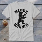 White t-shirt with black bear and "Ridge Runner" text design.