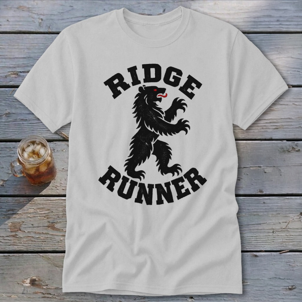 White t-shirt with black bear and "Ridge Runner" text design.