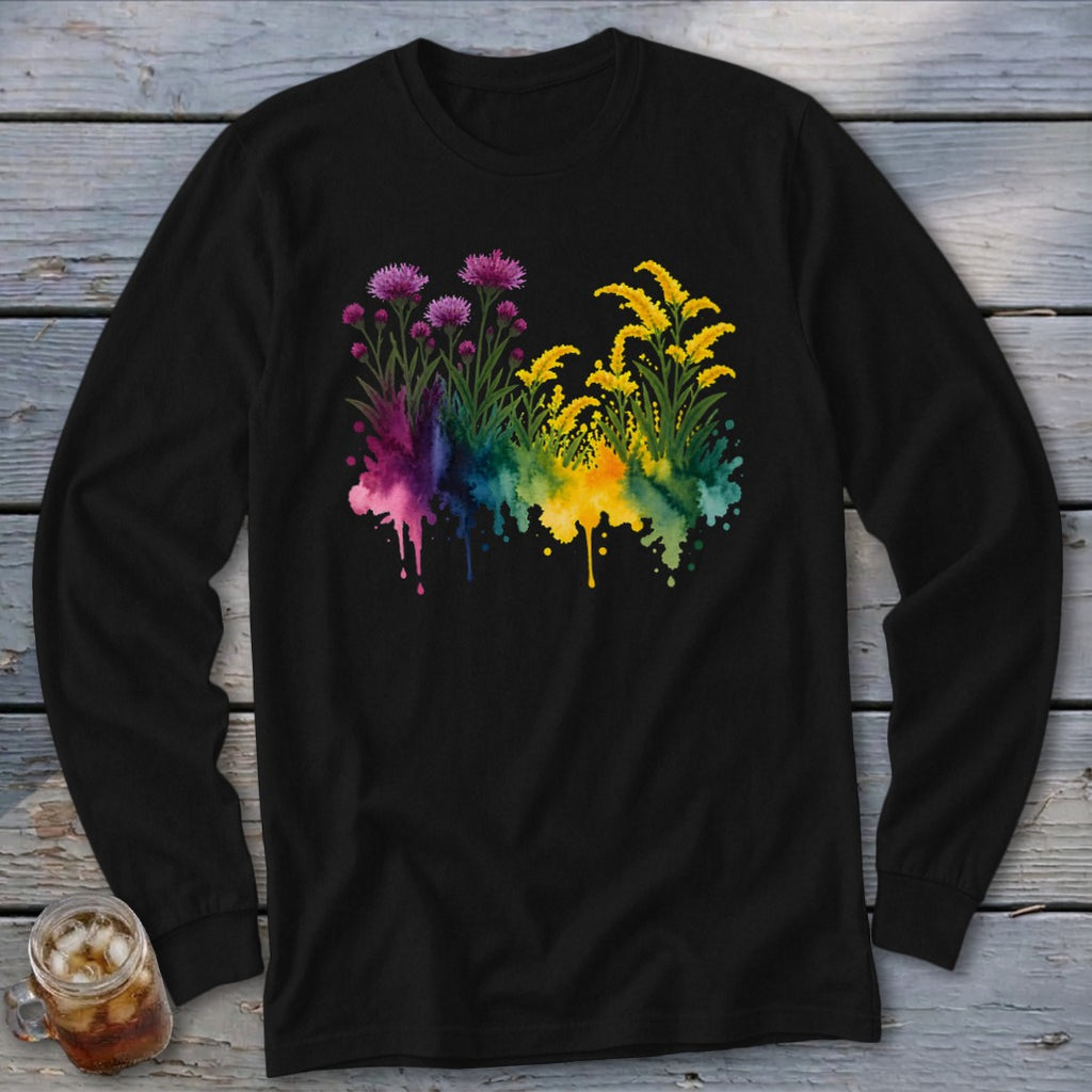 Black long sleeve shirt with watercolor purple and yellow floral design.