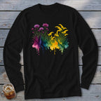 Black long sleeve shirt with watercolor purple and yellow floral design.