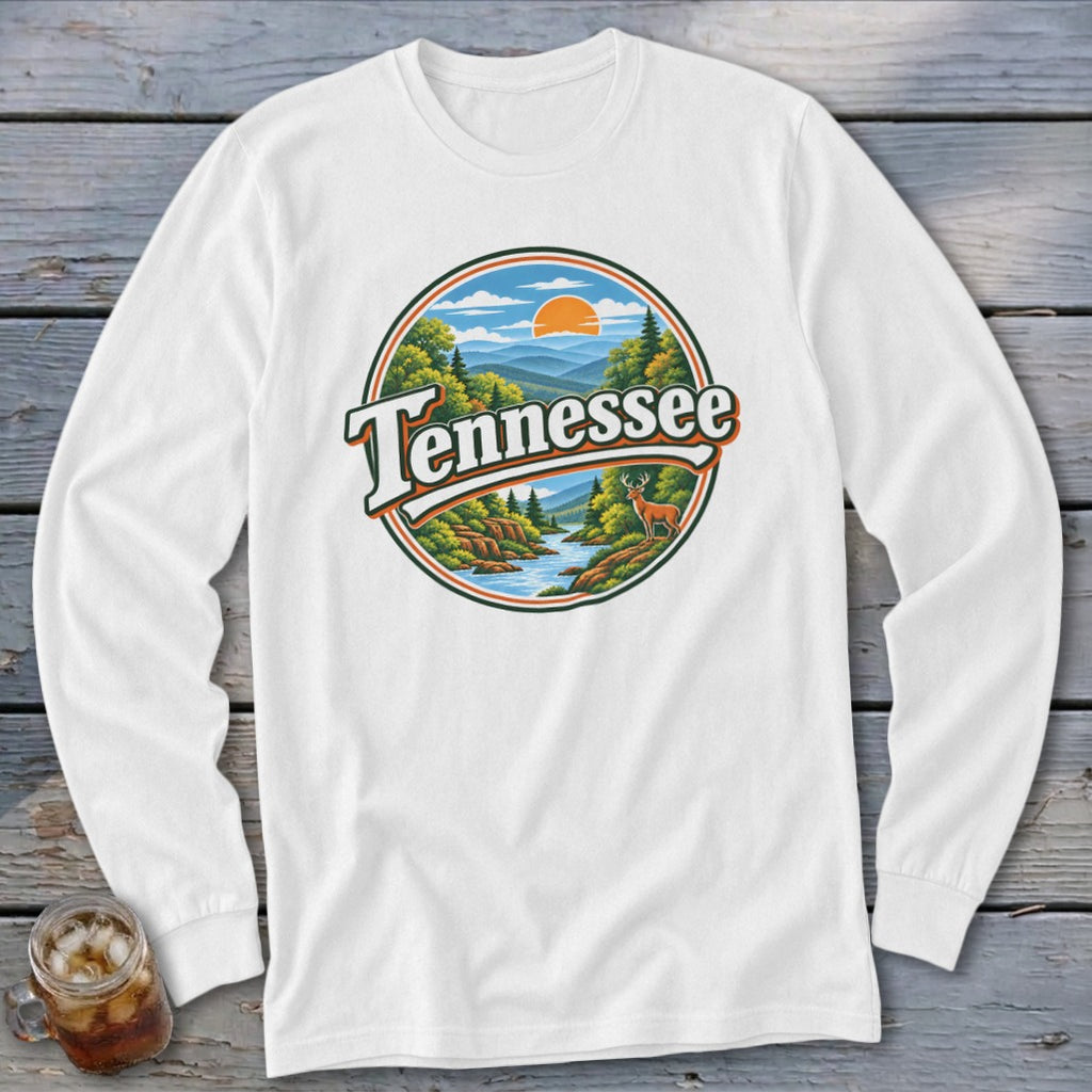 White long-sleeve shirt with a circular graphic of a Tennessee landscape and a deer.