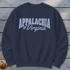Dark blue sweatshirt with "APPALACHIA #Virginia" text in light blue.