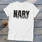 White t-shirt with black text "NARY a one" and a glass of iced tea.