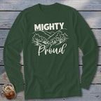 Dark green long-sleeve shirt with "MIGHTY Proud" text and mountain landscape graphic.