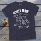 Navy t-shirt with "Holler Brain" text and a diagram of a brain with humorous captions.