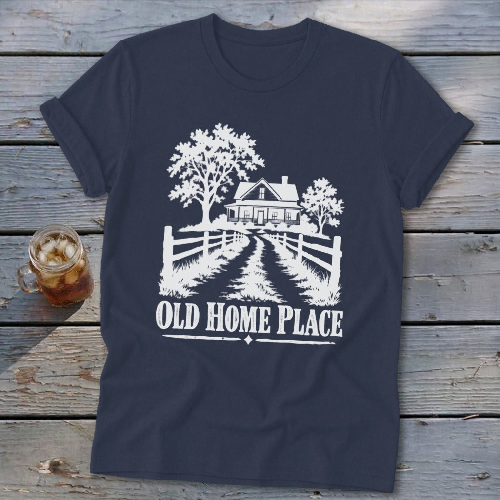 Navy t-shirt with white graphic of a farmhouse, trees, and fence, text reads "OLD HOME PLACE".