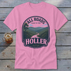 Pink t-shirt with "All Roads Lead to the Holler" text and mountain road scene.