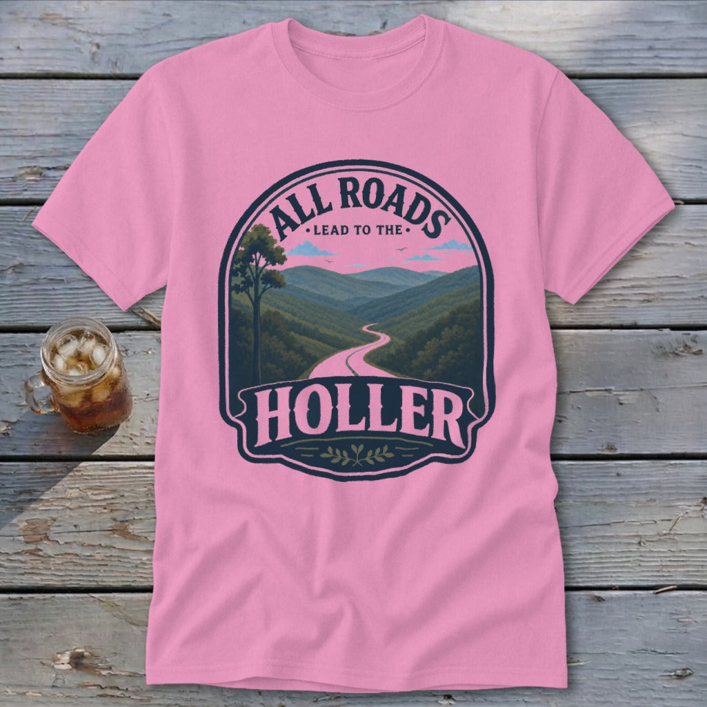 Pink t-shirt with "All Roads Lead to the Holler" text and mountain road scene.