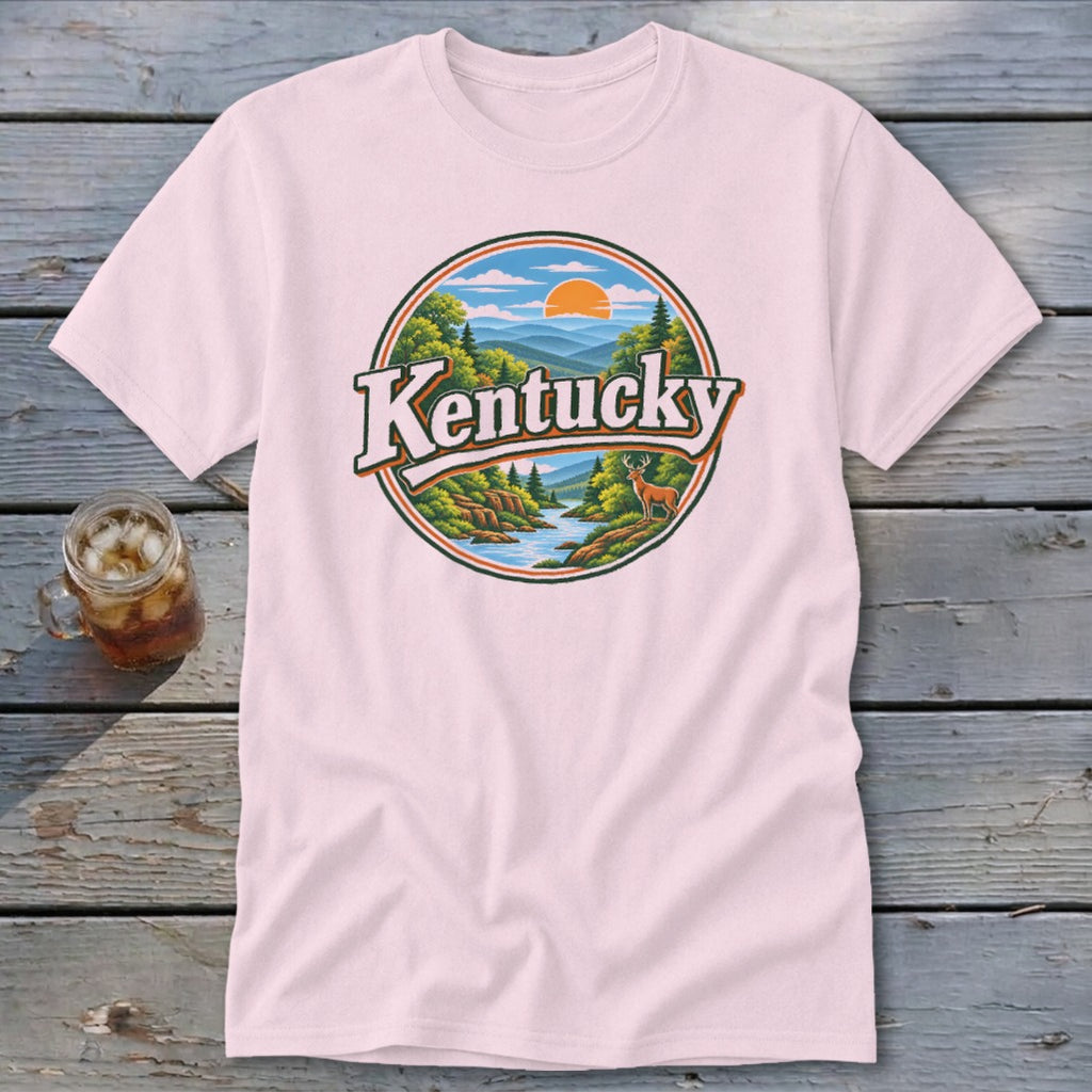 Pink t-shirt with circular "Kentucky" graphic featuring a deer and mountain landscape.