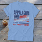 Light blue t-shirt displaying a distressed American flag and text that reads Appalachia 13 states one mountain range one free country.