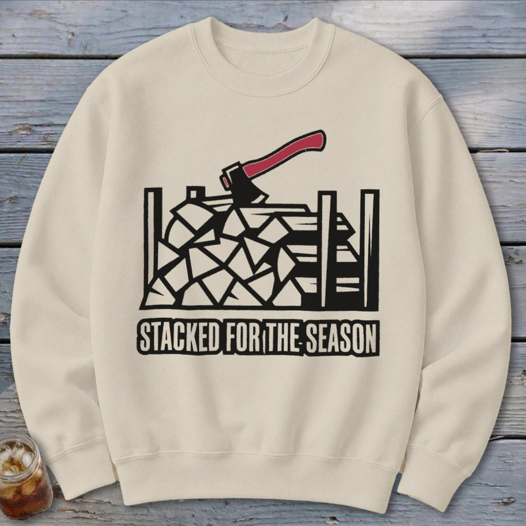 Light-colored sweatshirt with a graphic of an axe in firewood and text.
