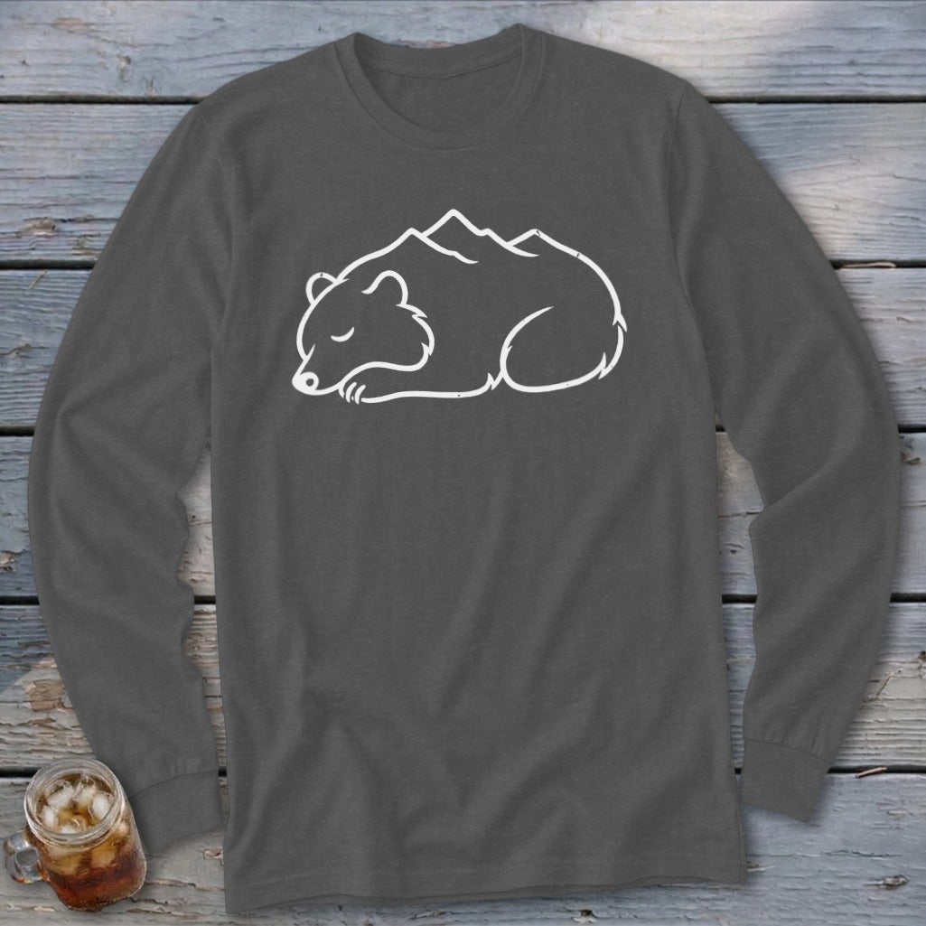 Dark gray long-sleeve shirt with white outline of a sleeping bear with mountains on its back.