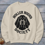 Cream sweatshirt with black "Holler Hound Society" text and dog graphic.