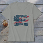 Light grey v-neck t-shirt with "TENNESSEE RAISED AMERICAN MADE" text.