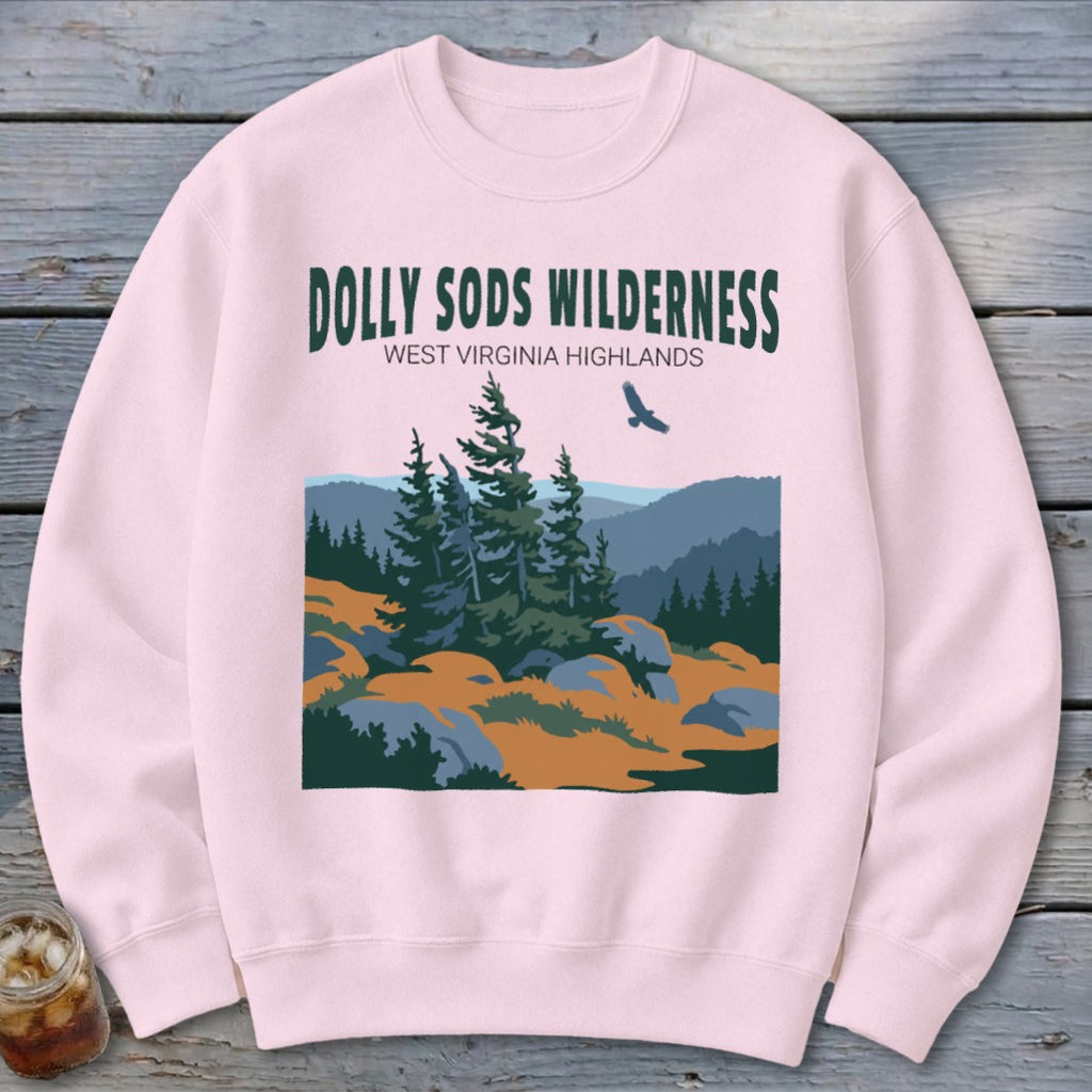 Light pink crewneck sweatshirt featuring a graphic of the Dolly Sods Wilderness landscape with evergreen trees and a flying bird.