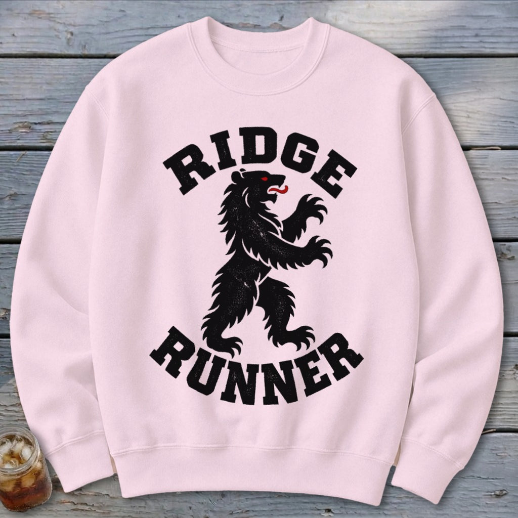 Pink crewneck sweatshirt with black bear graphic and text "RIDGE RUNNER".