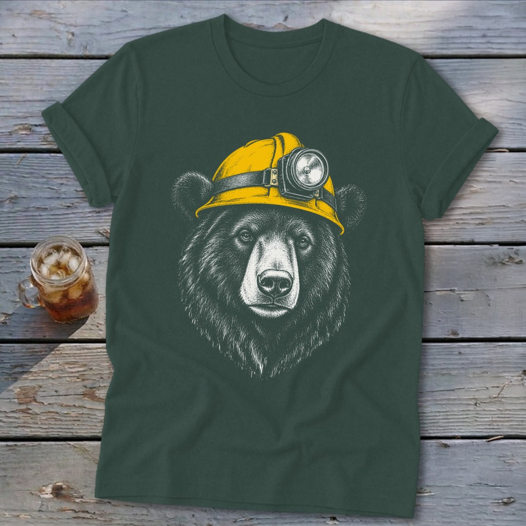 Green t-shirt with black bear wearing a yellow miner's helmet.