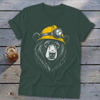 Green t-shirt with black bear wearing a yellow miner's helmet.