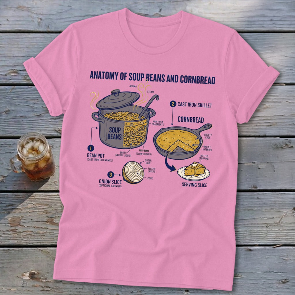 Illustration of soup beans and cornbread anatomy with labeled ingredients.