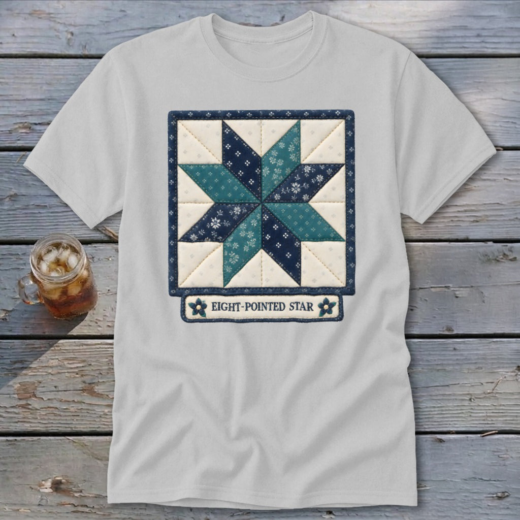Light grey t-shirt with an eight-pointed quilt star design and text "EIGHT-POINTED STAR".