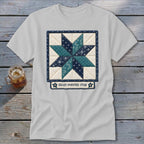 Light grey t-shirt with an eight-pointed quilt star design and text "EIGHT-POINTED STAR".