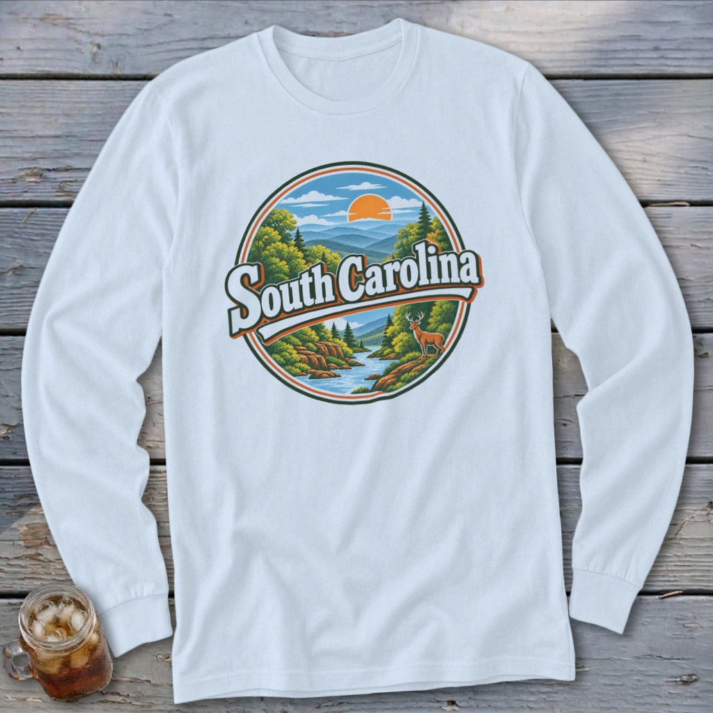 South Carolina long sleeve shirt with a circular landscape graphic featuring mountains, a river, and a deer.