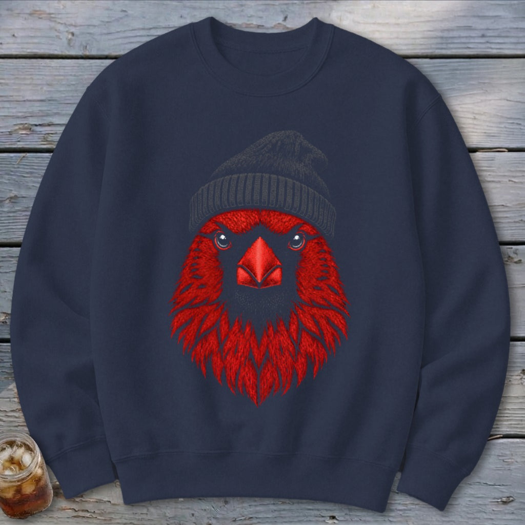 Navy sweatshirt with a detailed illustration of a red cardinal wearing a gray beanie.