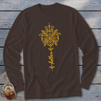 Brown long-sleeve shirt with yellow flower and "holler" text graphic.