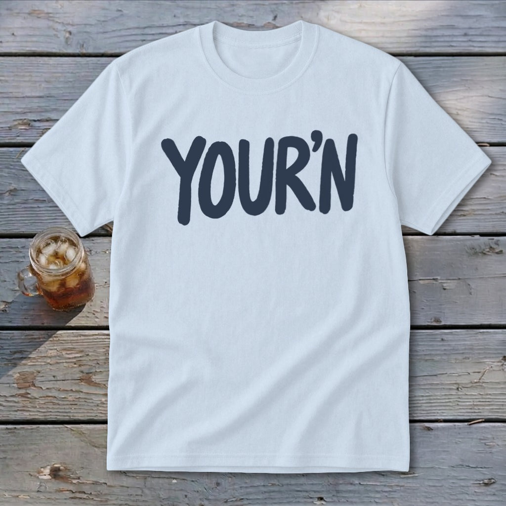 Light blue t-shirt with navy blue "YOUR'N" text.