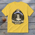 Yellow t-shirt with "Moonbow Night" graphic of a waterfall under a moon and rainbow.