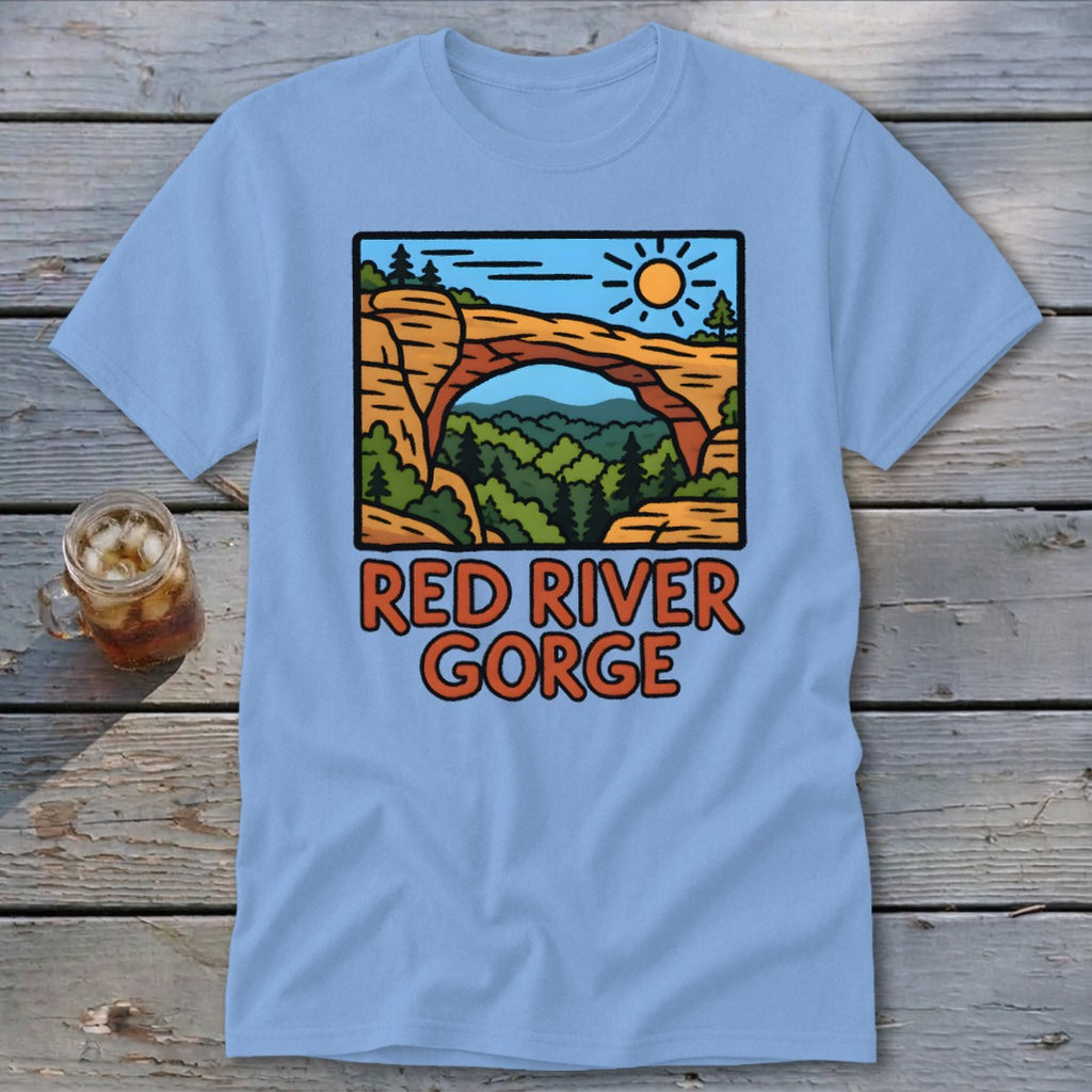 Light blue t-shirt with Red River Gorge landscape graphic and text.