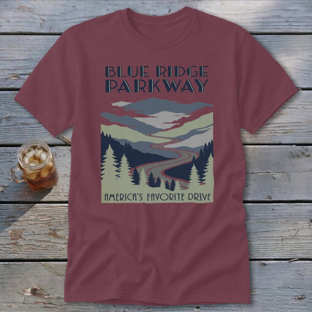Maroon t-shirt featuring a Blue Ridge Parkway graphic with mountains, winding road, pine trees, and text.