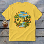 Yellow t-shirt with a circular graphic of a scenic Ohio landscape and text.