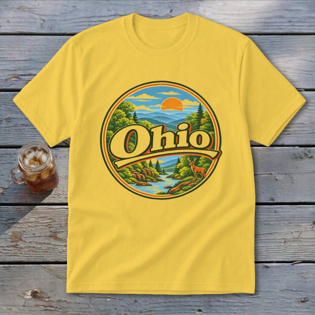 Yellow t-shirt with a circular graphic of a scenic Ohio landscape and text.