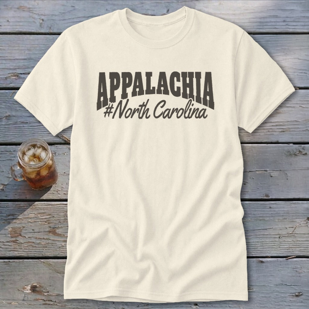 Cream t-shirt with "Appalachia #North Carolina" printed in dark gray text.