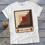 White t-shirt with a log cabin quilt design and "LOG CABIN" text.
