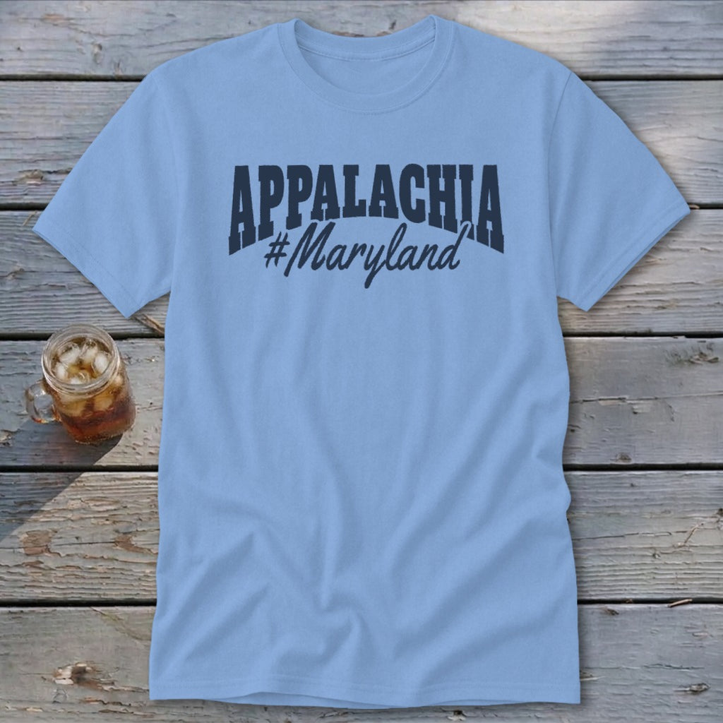 Light blue t-shirt with "APPALACHIA #Maryland" text in dark blue.