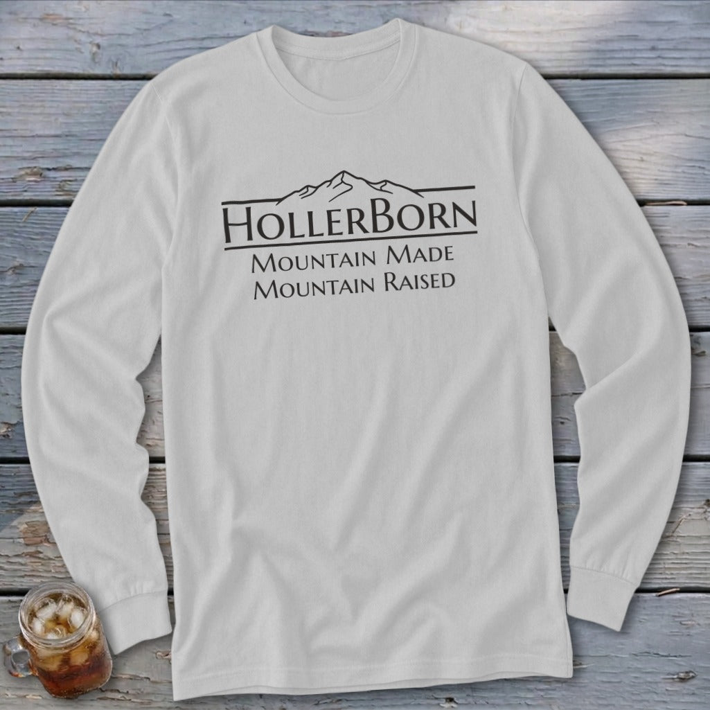 White long-sleeve shirt with "HollerBorn Mountain Made Mountain Raised" text and mountain graphic.