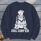 Navy sweatshirt with white graphic of a boy holding a bucket, text "COAL CAMP KID".