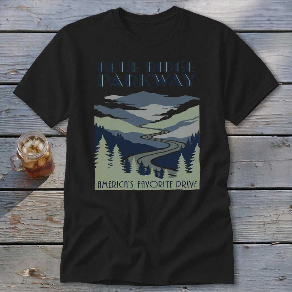 Black t-shirt featuring a Blue Ridge Parkway graphic with a winding road through mountains and pine trees.