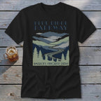 Black t-shirt featuring a Blue Ridge Parkway graphic with a winding road through mountains and pine trees.
