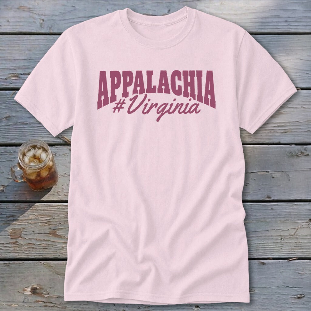 Light pink t-shirt with "APPALACHIA #Virginia" text in burgundy.