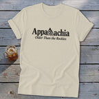 Cream t-shirt with black text "Appalachia Older Than the Rockies" and mountain graphic.