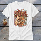 White t-shirt with sorghum stalks in a barrel graphic, reading "Sorghum".