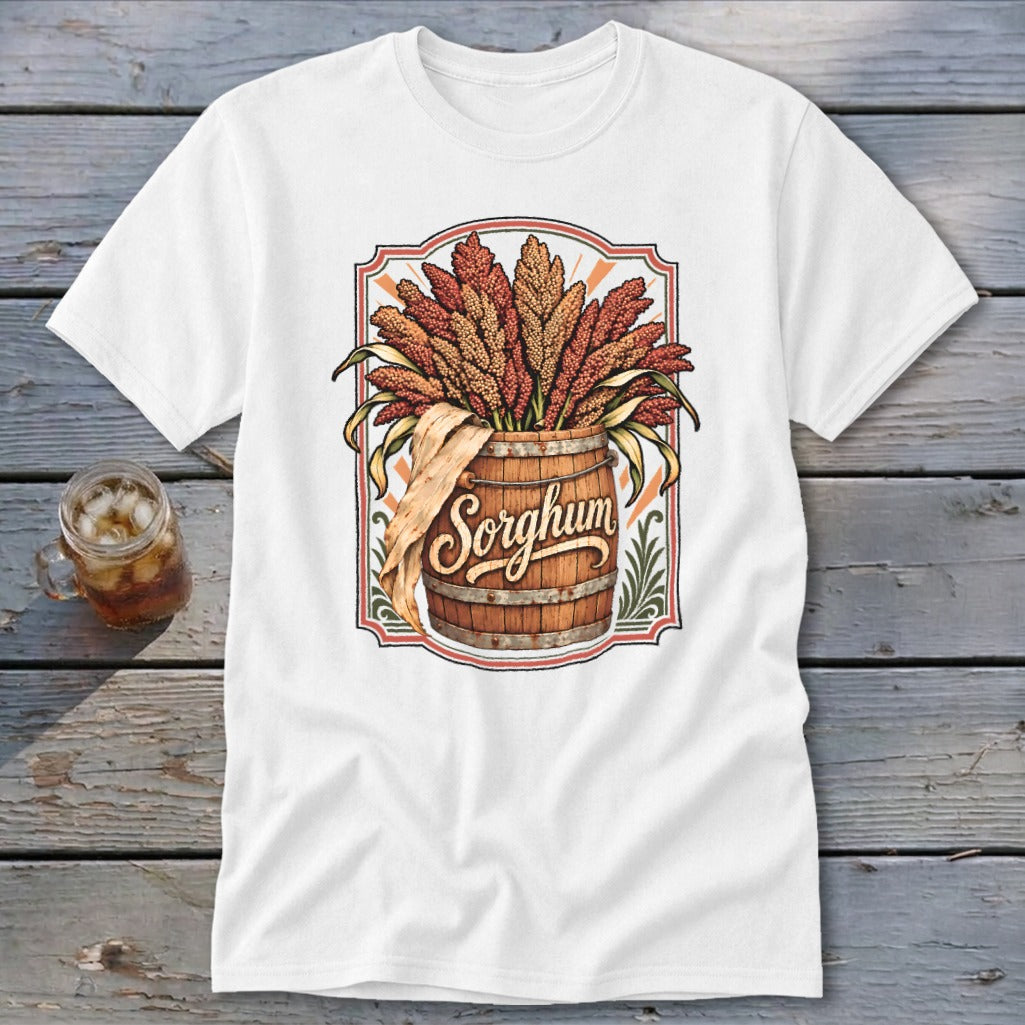 White t-shirt with sorghum stalks in a barrel graphic, reading "Sorghum".