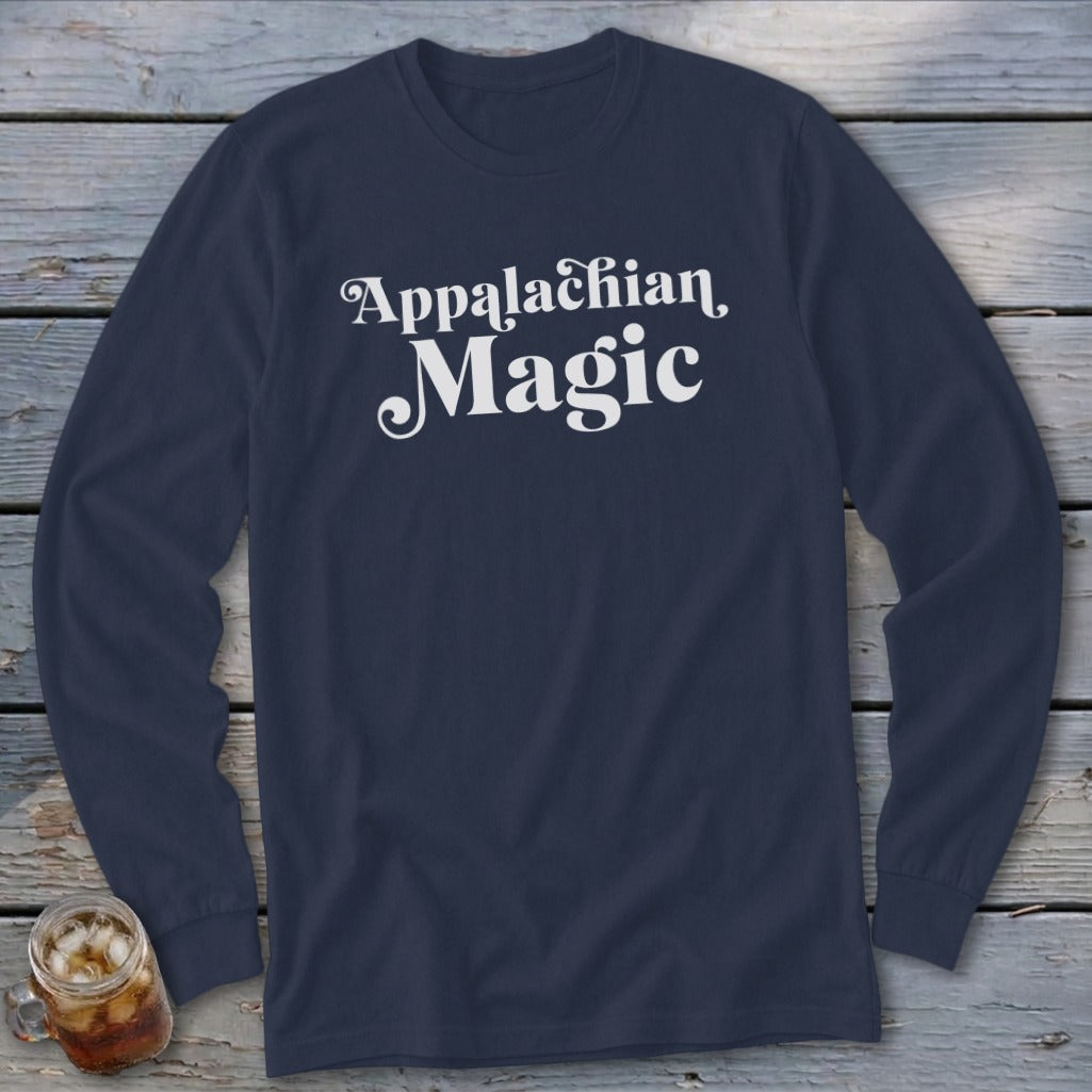 Navy long-sleeve shirt with white text "Appalachian Magic".
