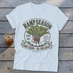 White t-shirt with "Ramp Season" graphic featuring ramps and text about digging, cooking, and repeating.