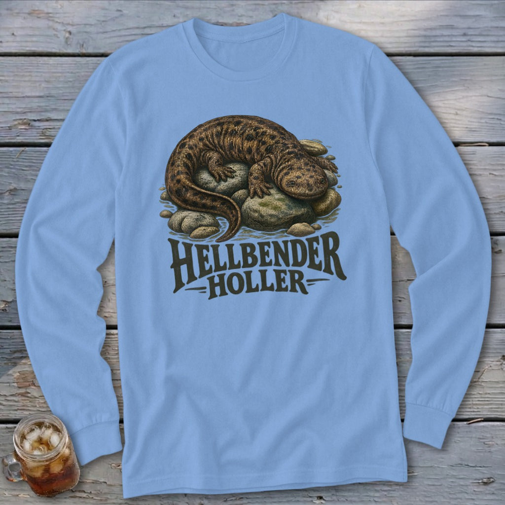 Light blue long-sleeve shirt with a hellbender on rocks graphic and "Hellbender Holler" text.