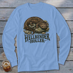 Light blue long-sleeve shirt with a hellbender on rocks graphic and "Hellbender Holler" text.