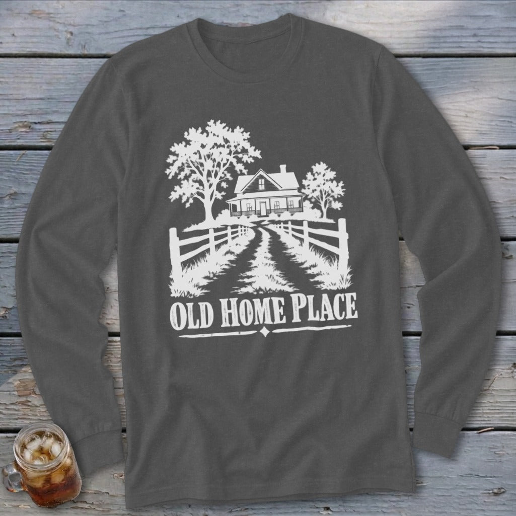 Long sleeve shirt with white graphic of a farmhouse, trees, and text "OLD HOME PLACE".